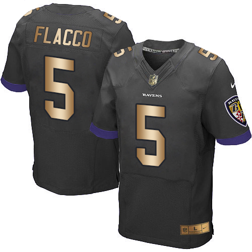 Nike Ravens #5 Joe Flacco Black Alternate Men's Stitched NFL New Elite Gold Jersey - Click Image to Close
